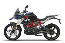 BMW G 310 GS Motorrad in Schwarz, Blau und Rot mit sportlichem Styling und Designelementen eines Abenteuer-Bikes.