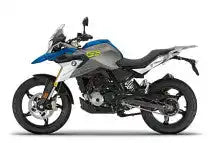 BMW G310GS Abenteuer-Motorrad in blau und silber.