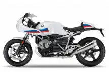 BMW R nineT Racer Motorrad in Weiß mit roten und blauen Rennstreifen.