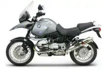 BMW R1150GS Abenteuer-Motorrad in Silber mit Dual-Sport-Styling und Speichenrädern.