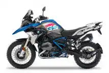 BMW R1200GS Abenteuer-Motorrad in blauen, schwarzen und weißen Rallyefarben.