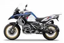 BMW R1250GS Adventure Motorrad in blauer und weißer Lackierung mit goldenen Rädern.