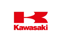 Rotes Kawasaki-Motorradunternehmen-Logo mit einem stilisierten ‚K‘-Zeichen und Text.